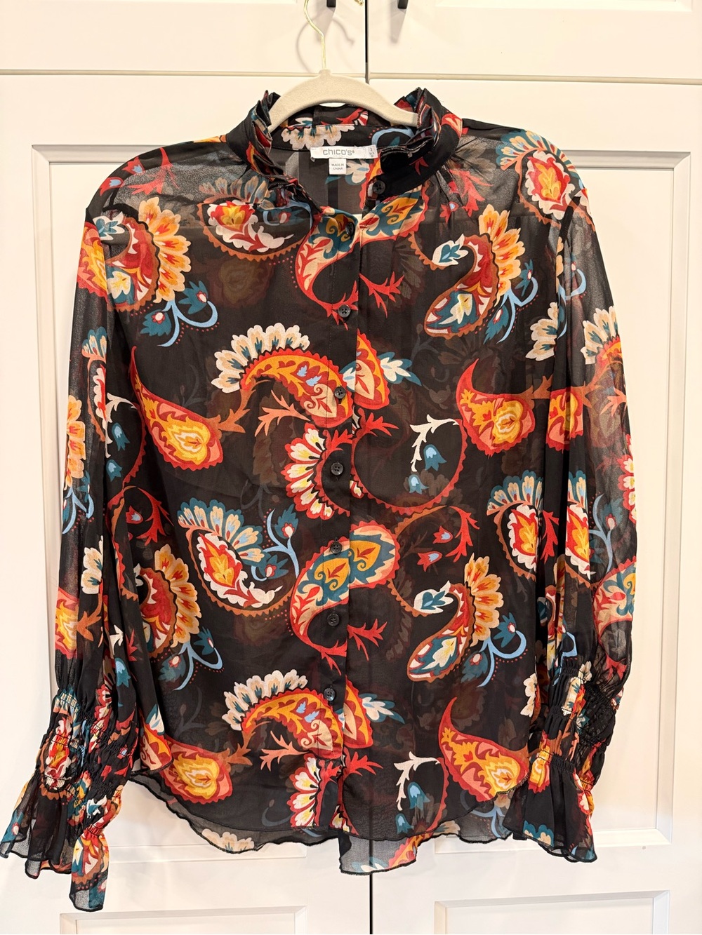 Chico's Black Paisley-Print Sheer Button-Down Shirt with Multicolor Accents